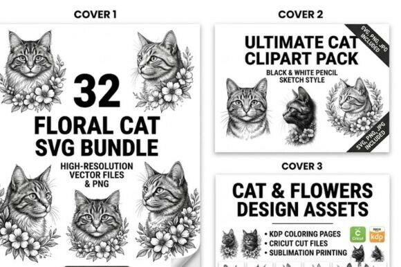 32 Floral Cat SVG Bundle Black White Graphics and Illustrations