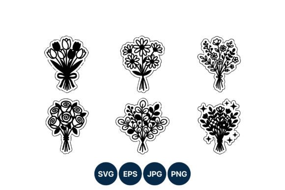 Black White Floral Bouquet Set Graphics and Illustrations