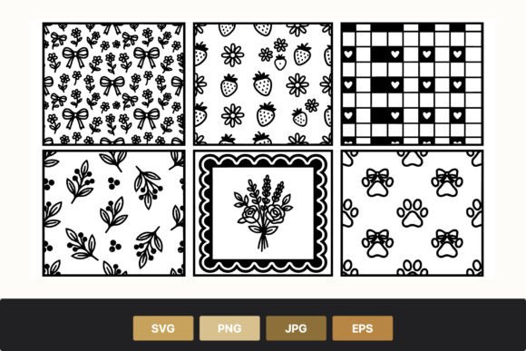 Black White Floral Strawberry Heart Paw Graphics and Illustrations