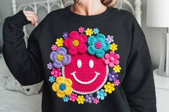 Faux Yarn Floral Smiley PNG Graphic in Graphics and Illustrations
