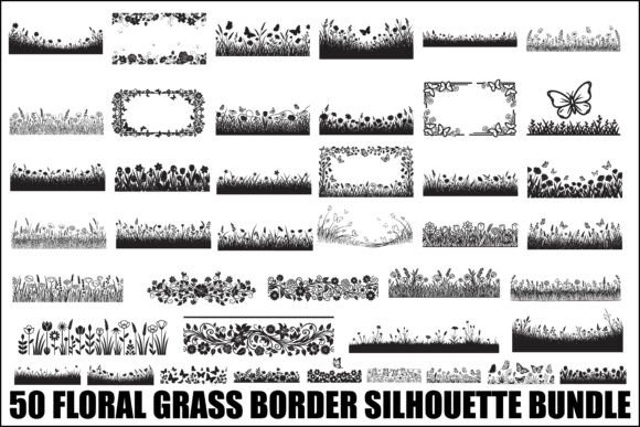 Floral Grass Border Silhouette Bundle Graphics and Illustrations