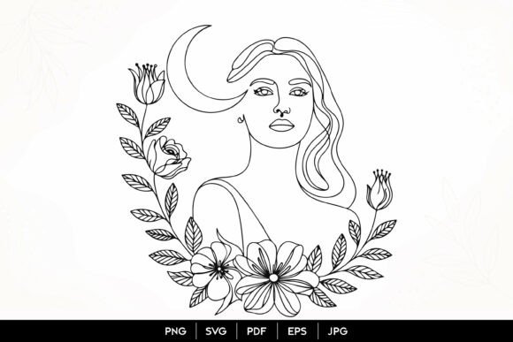 Floral Moon Woman Line Art SVG Graphics and Illustrations Review