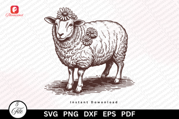 Hand Drawn Floral Sheep SVG Sublimation Graphics and Illustrations