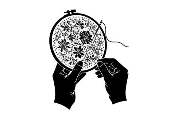 Hands Embroidering Floral Hoop Vector Il Graphics and Illustrations