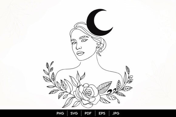 Moon Goddess Floral Line Art SVG Graphics and Illustrations Review