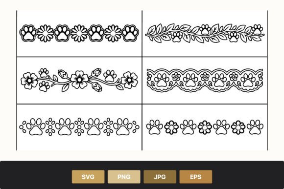 Paw Print Floral Border Line Art Black Graphics and Illustrations